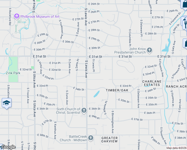 map of restaurants, bars, coffee shops, grocery stores, and more near 2436 East 33rd Street in Tulsa