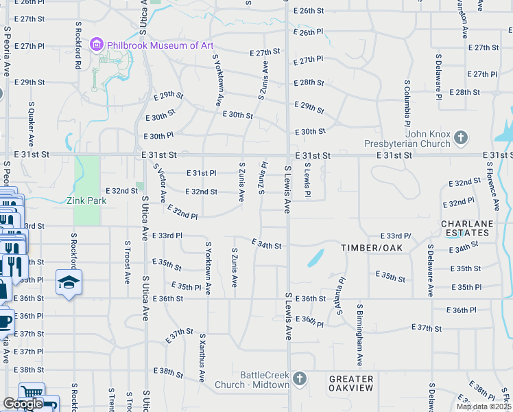 map of restaurants, bars, coffee shops, grocery stores, and more near 2223 East 33rd Street in Tulsa