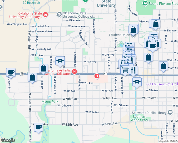 map of restaurants, bars, coffee shops, grocery stores, and more near 1530 West 6th Avenue in Stillwater