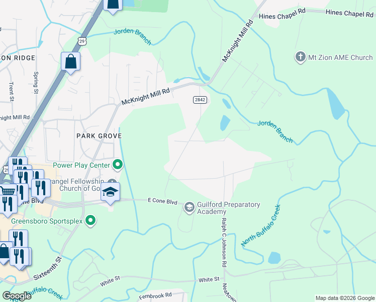 map of restaurants, bars, coffee shops, grocery stores, and more near 2410 Minorwood Road in Greensboro