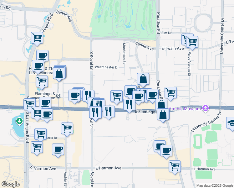 map of restaurants, bars, coffee shops, grocery stores, and more near 260 East Flamingo Road in Las Vegas