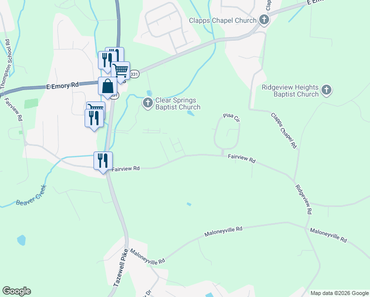 map of restaurants, bars, coffee shops, grocery stores, and more near 7004 Fairview Road in Corryton