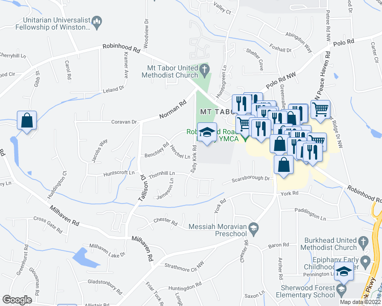 map of restaurants, bars, coffee shops, grocery stores, and more near 3601 Herchel Lane in Winston-Salem