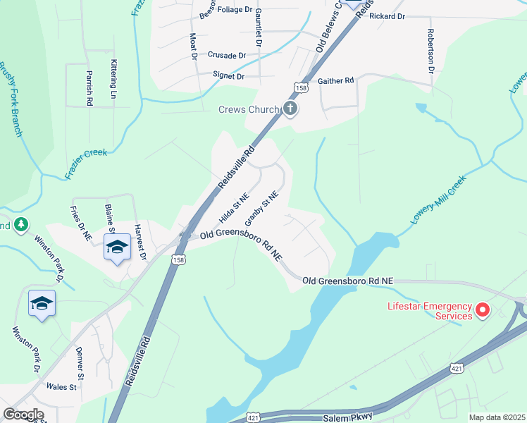 map of restaurants, bars, coffee shops, grocery stores, and more near 4024 Granby Street Northeast in Winston-Salem