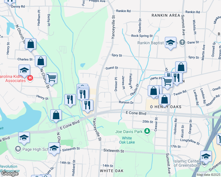 map of restaurants, bars, coffee shops, grocery stores, and more near 3212 Yanceyville Street in Greensboro
