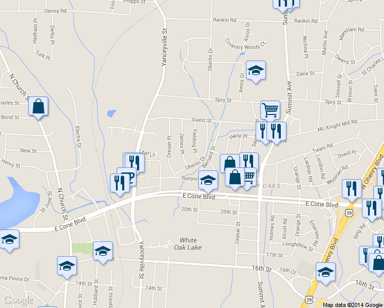 map of restaurants, bars, coffee shops, grocery stores, and more near 3207 Fielding Place in Greensboro