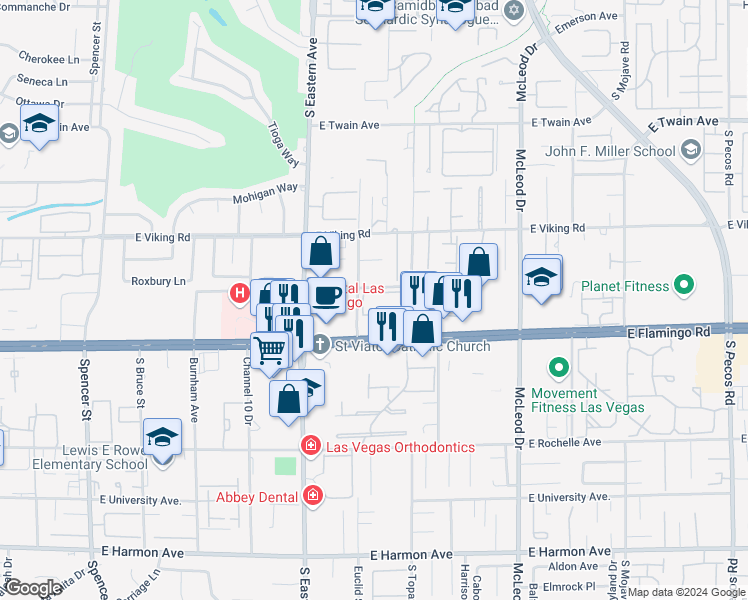 map of restaurants, bars, coffee shops, grocery stores, and more near 4050 Pacific Harbors Drive in Las Vegas