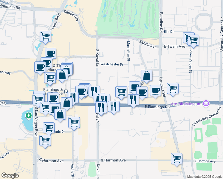 map of restaurants, bars, coffee shops, grocery stores, and more near 230 East Flamingo Road in Las Vegas