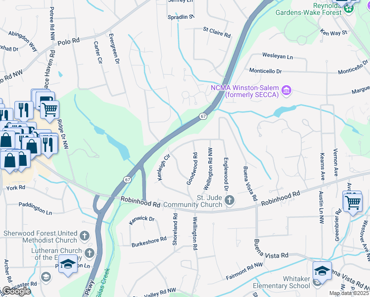 map of restaurants, bars, coffee shops, grocery stores, and more near 931 Partridge Lane in Winston-Salem
