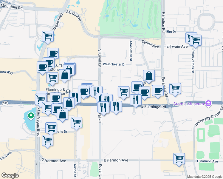 map of restaurants, bars, coffee shops, grocery stores, and more near 230 East Flamingo Road in Las Vegas