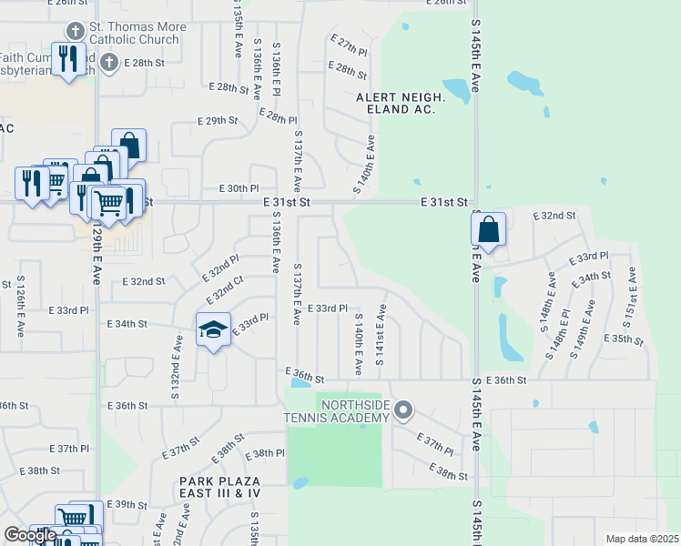 map of restaurants, bars, coffee shops, grocery stores, and more near 13908 East 33rd Street in Tulsa