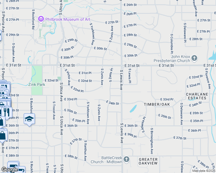map of restaurants, bars, coffee shops, grocery stores, and more near 2223 East 33rd Street in Tulsa