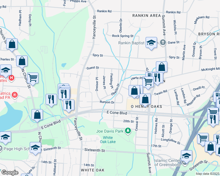 map of restaurants, bars, coffee shops, grocery stores, and more near 3207 Fielding Place in Greensboro