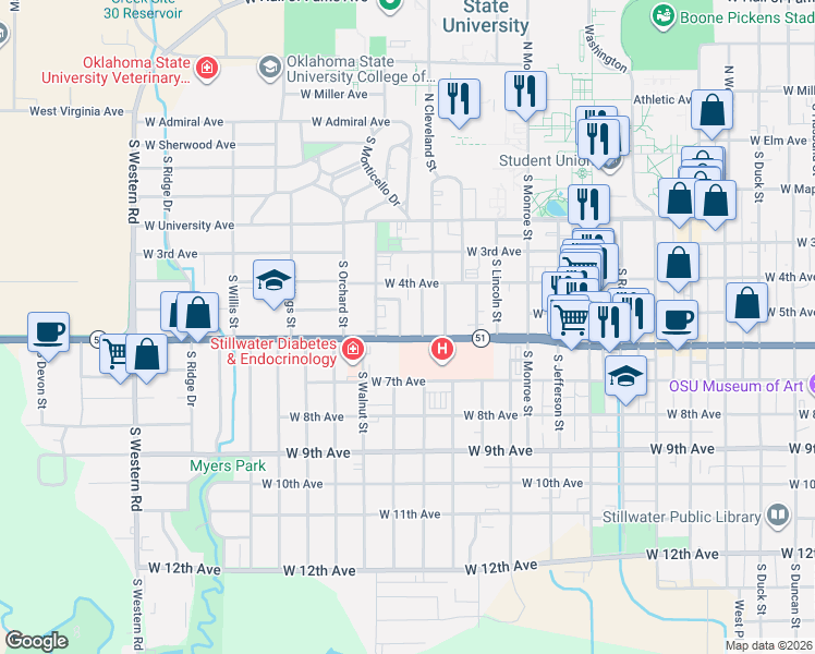 map of restaurants, bars, coffee shops, grocery stores, and more near 502 South Pine Street in Stillwater
