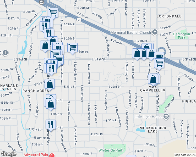 map of restaurants, bars, coffee shops, grocery stores, and more near 3926 East 32nd Street in Tulsa