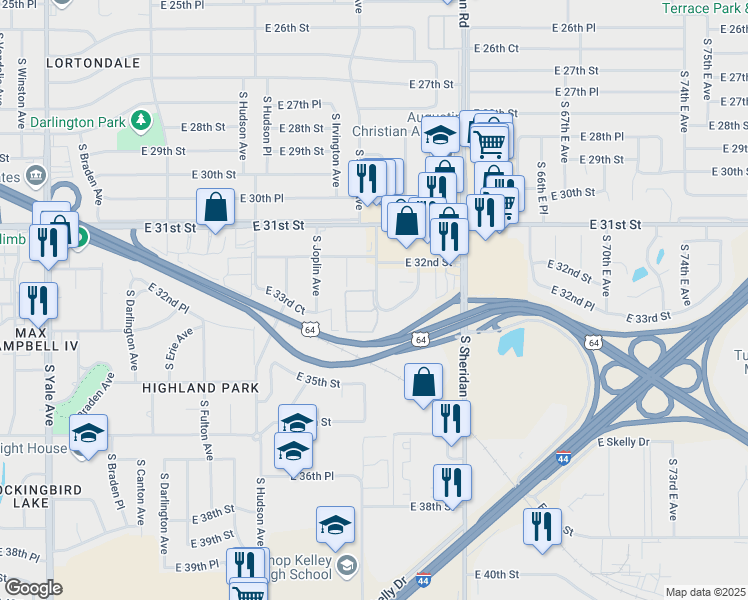 map of restaurants, bars, coffee shops, grocery stores, and more near 3272 South Lakewood Avenue in Tulsa