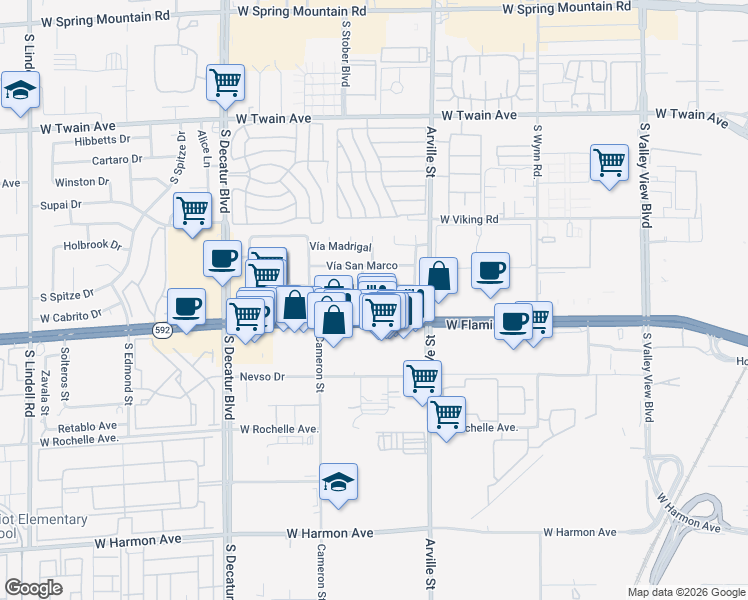 map of restaurants, bars, coffee shops, grocery stores, and more near 4514 Vía Torino in Las Vegas