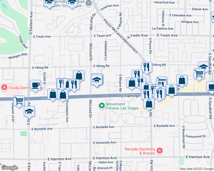 map of restaurants, bars, coffee shops, grocery stores, and more near 3164 East Flamingo Road in Las Vegas