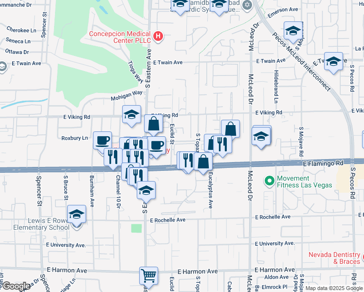 map of restaurants, bars, coffee shops, grocery stores, and more near 2514 East Saddle Avenue in Las Vegas