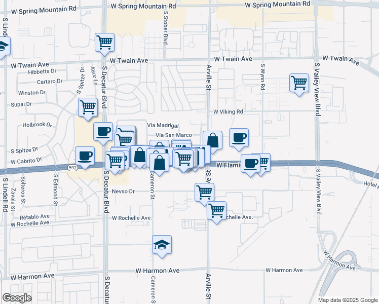 map of restaurants, bars, coffee shops, grocery stores, and more near 4498 Vía San Rafael in Las Vegas