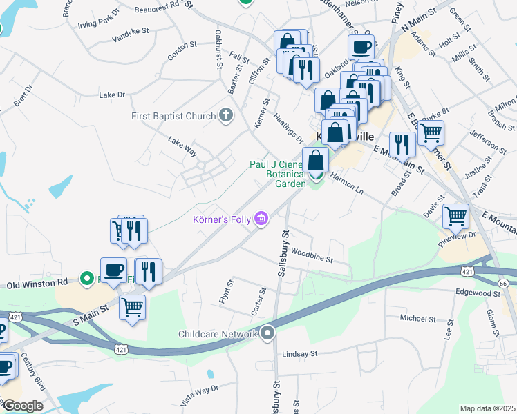 map of restaurants, bars, coffee shops, grocery stores, and more near 323 South Cherry Street in Kernersville