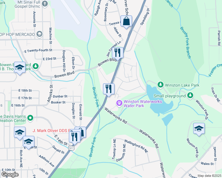 map of restaurants, bars, coffee shops, grocery stores, and more near 217 Walkertown Avenue in Winston-Salem