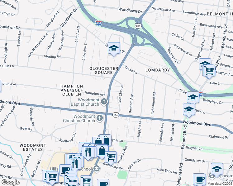 map of restaurants, bars, coffee shops, grocery stores, and more near 3343 Golf Club Lane in Nashville