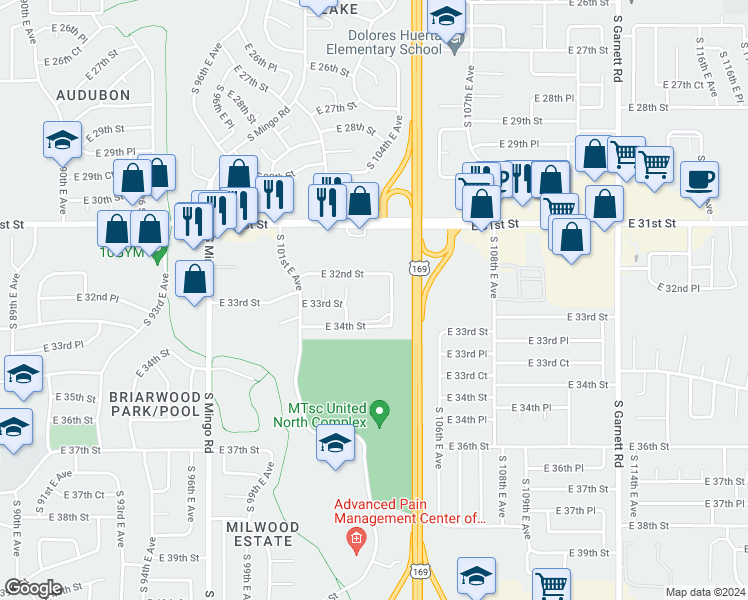 map of restaurants, bars, coffee shops, grocery stores, and more near 10159 East 32nd Street in Tulsa