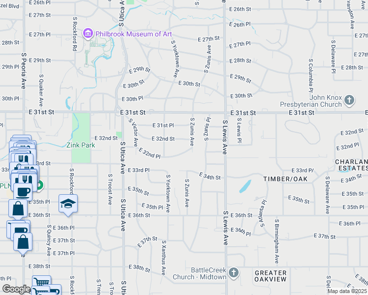 map of restaurants, bars, coffee shops, grocery stores, and more near 3150 South Zunis Avenue in Tulsa