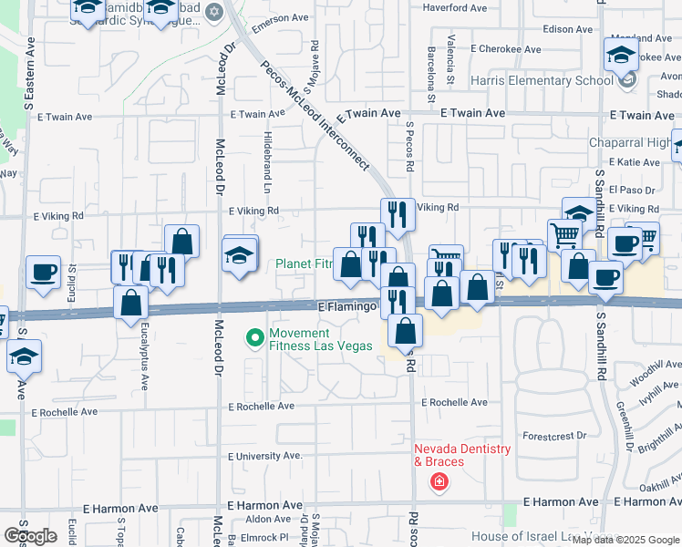 map of restaurants, bars, coffee shops, grocery stores, and more near 3250 East Flamingo Road in Las Vegas