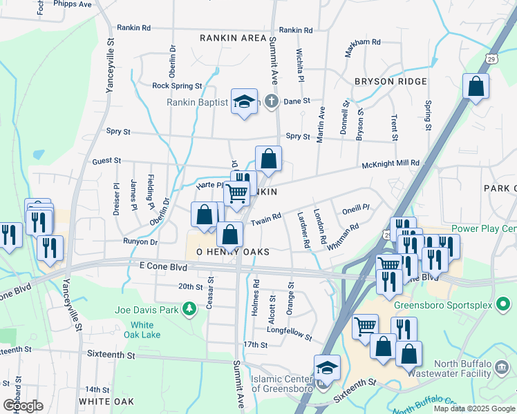 map of restaurants, bars, coffee shops, grocery stores, and more near 3112 Summit Avenue in Greensboro