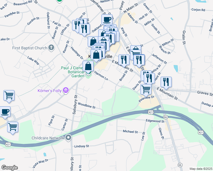 map of restaurants, bars, coffee shops, grocery stores, and more near 209 Harmon Court in Kernersville