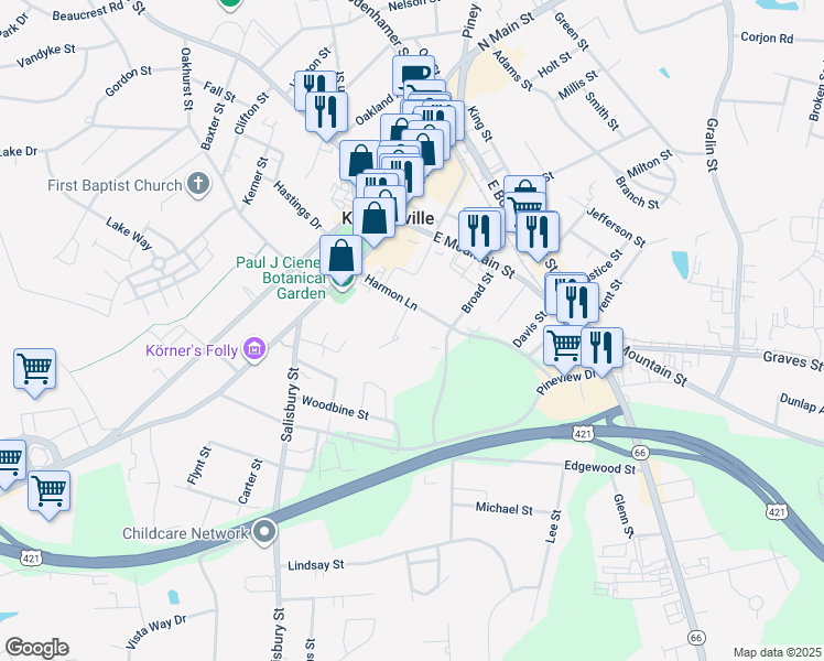 map of restaurants, bars, coffee shops, grocery stores, and more near 209 Harmon Court in Kernersville