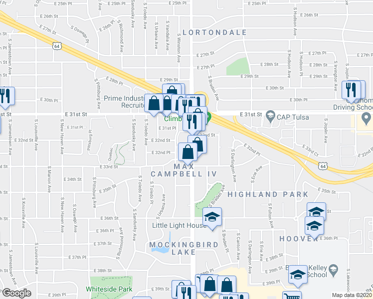 map of restaurants, bars, coffee shops, grocery stores, and more near 3244 South Yale Avenue in Tulsa