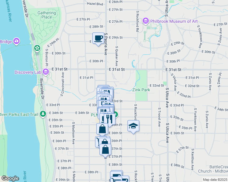 map of restaurants, bars, coffee shops, grocery stores, and more near 3168 South Rockford Drive in Tulsa