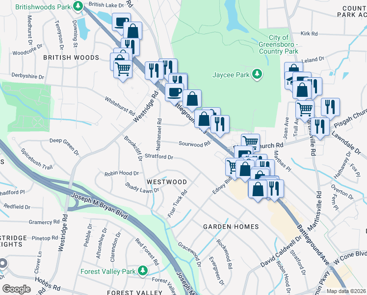 map of restaurants, bars, coffee shops, grocery stores, and more near 3018 Sourwood Road in Greensboro