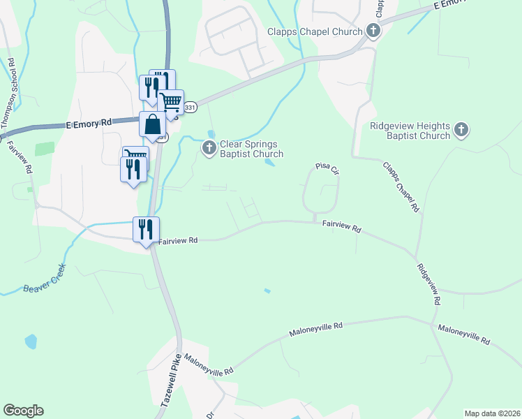map of restaurants, bars, coffee shops, grocery stores, and more near 7324 English Park Way in Corryton