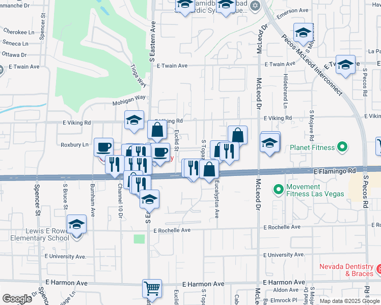 map of restaurants, bars, coffee shops, grocery stores, and more near 2514 East Saddle Avenue in Las Vegas