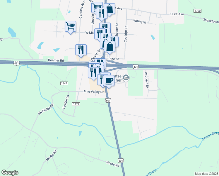 map of restaurants, bars, coffee shops, grocery stores, and more near 945 South State Street in Yadkinville