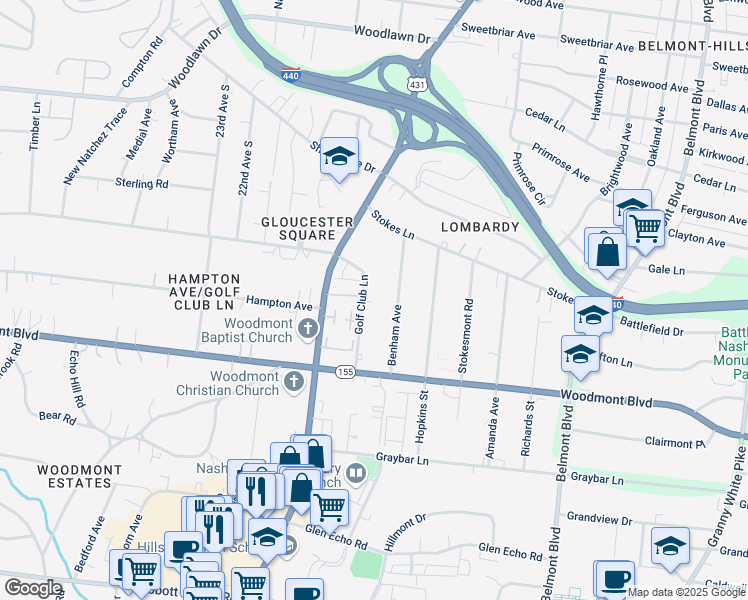 map of restaurants, bars, coffee shops, grocery stores, and more near 3416 Golf Club Lane in Nashville