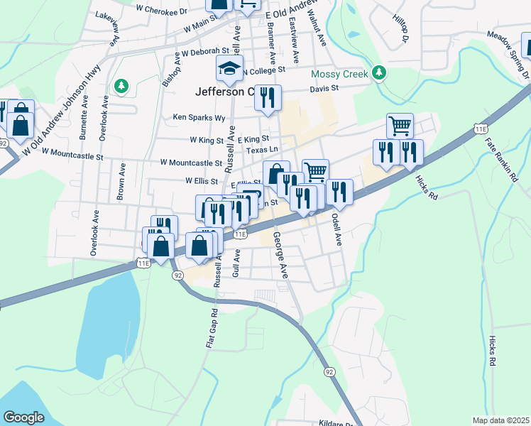 map of restaurants, bars, coffee shops, grocery stores, and more near 1417 George Avenue in Jefferson City