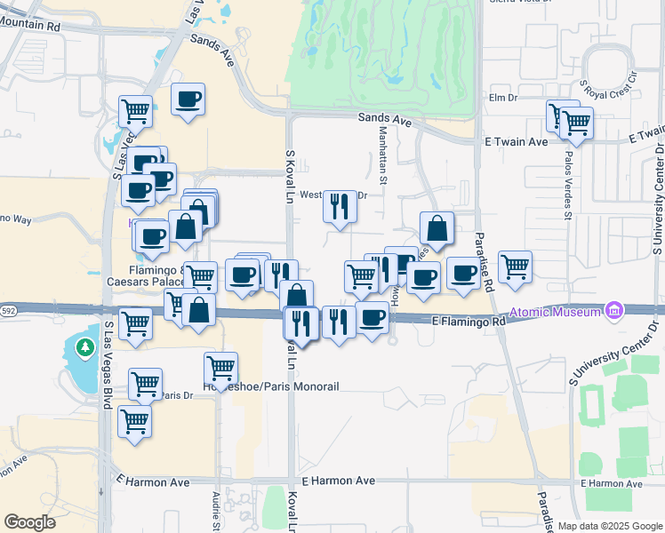 map of restaurants, bars, coffee shops, grocery stores, and more near 230 East Flamingo Road in Las Vegas