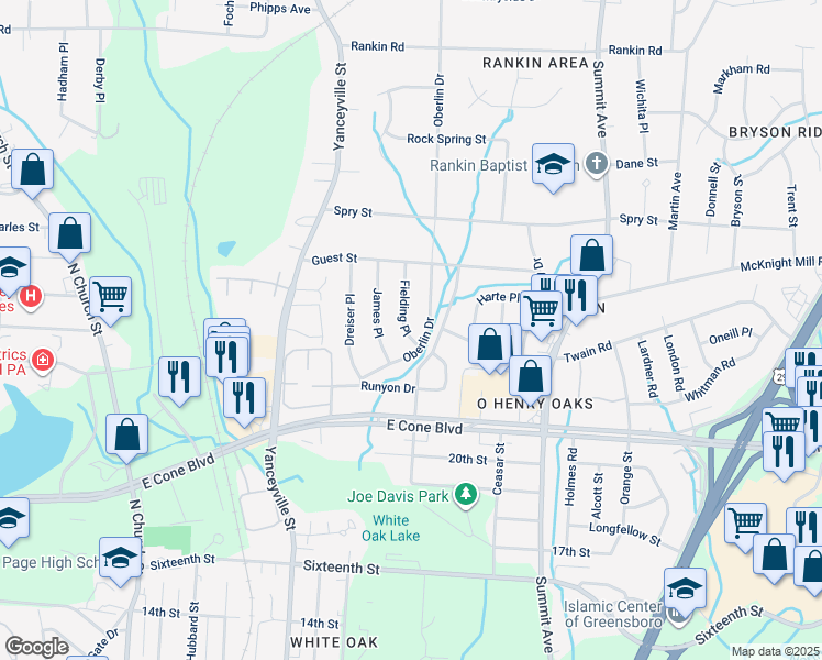 map of restaurants, bars, coffee shops, grocery stores, and more near 3204 Fielding Place in Greensboro