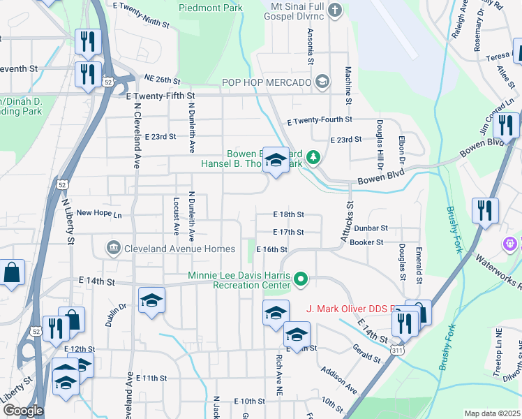 map of restaurants, bars, coffee shops, grocery stores, and more near East 18th Street in Winston-Salem