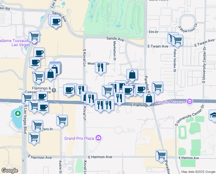 map of restaurants, bars, coffee shops, grocery stores, and more near 3950 Koval Lane in Las Vegas