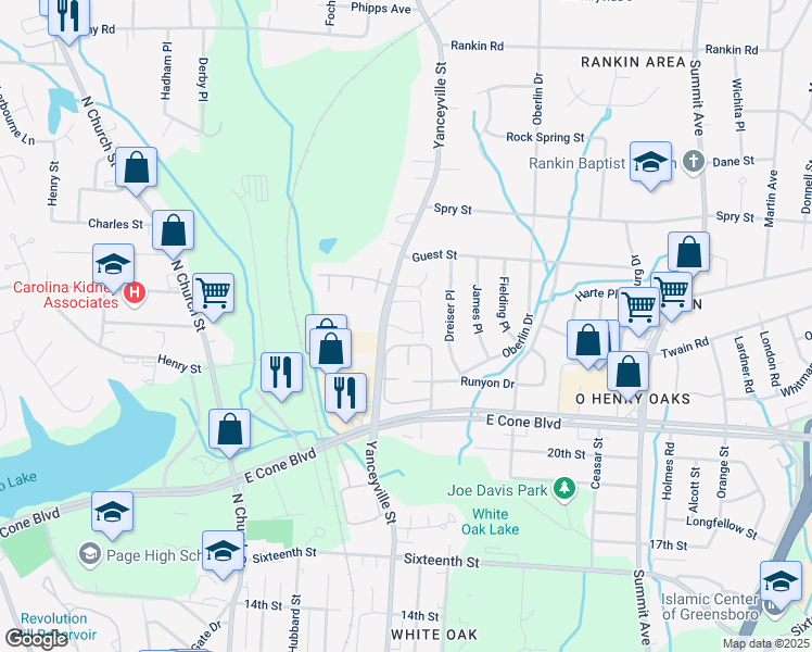 map of restaurants, bars, coffee shops, grocery stores, and more near 3232 Yanceyville Street in Greensboro