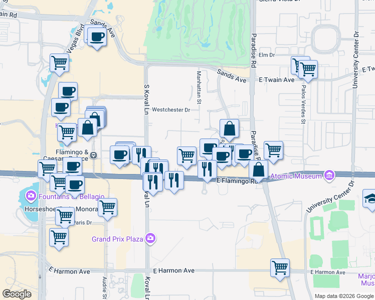 map of restaurants, bars, coffee shops, grocery stores, and more near 260 East Flamingo Road in Las Vegas