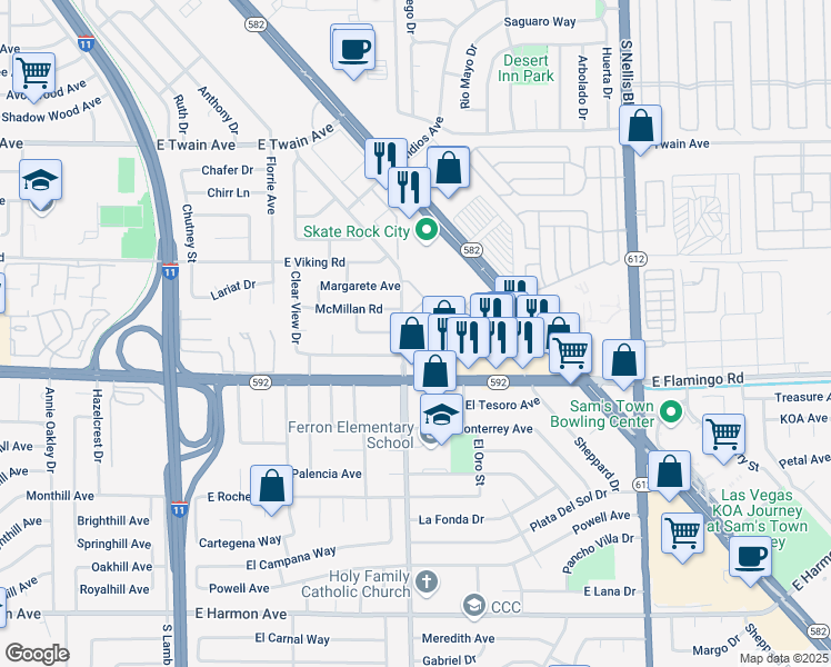map of restaurants, bars, coffee shops, grocery stores, and more near 4589 McMillan Road in Las Vegas