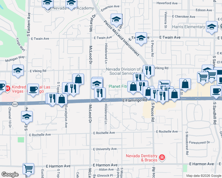 map of restaurants, bars, coffee shops, grocery stores, and more near 3164 East Flamingo Road in Las Vegas