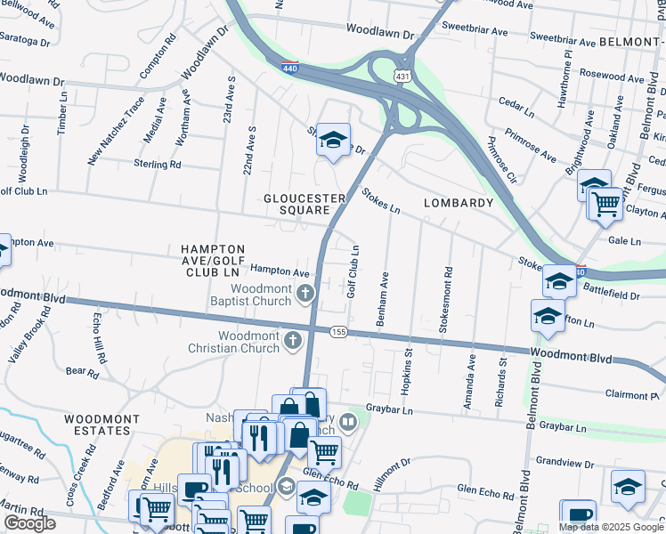 map of restaurants, bars, coffee shops, grocery stores, and more near 3343 Golf Club Lane in Nashville